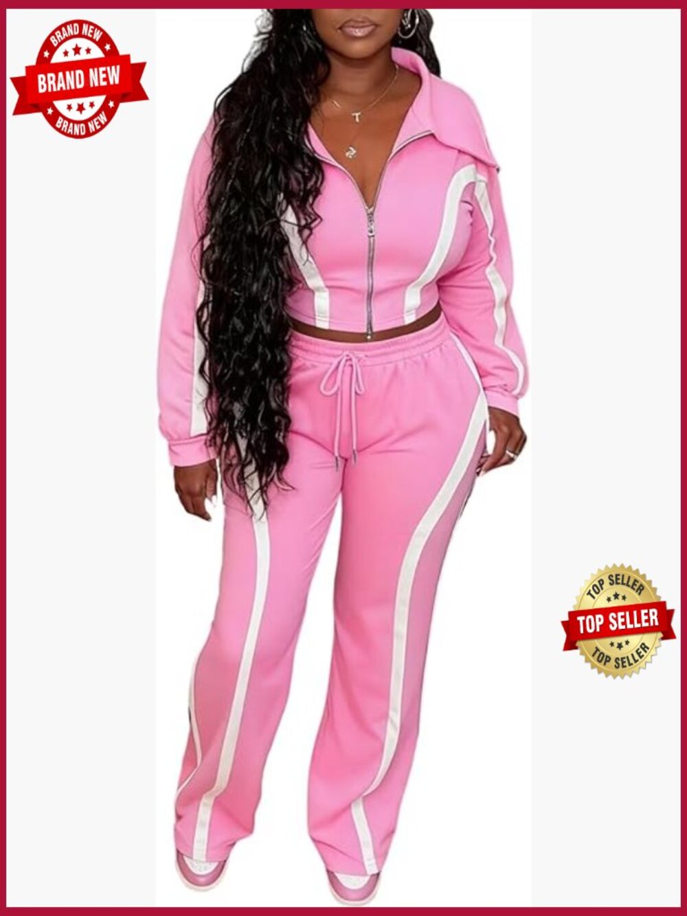Striped 2 Piece Tracksuit Zip Up Jacket Wide Leg Pants Set - Picture 1 of 7
